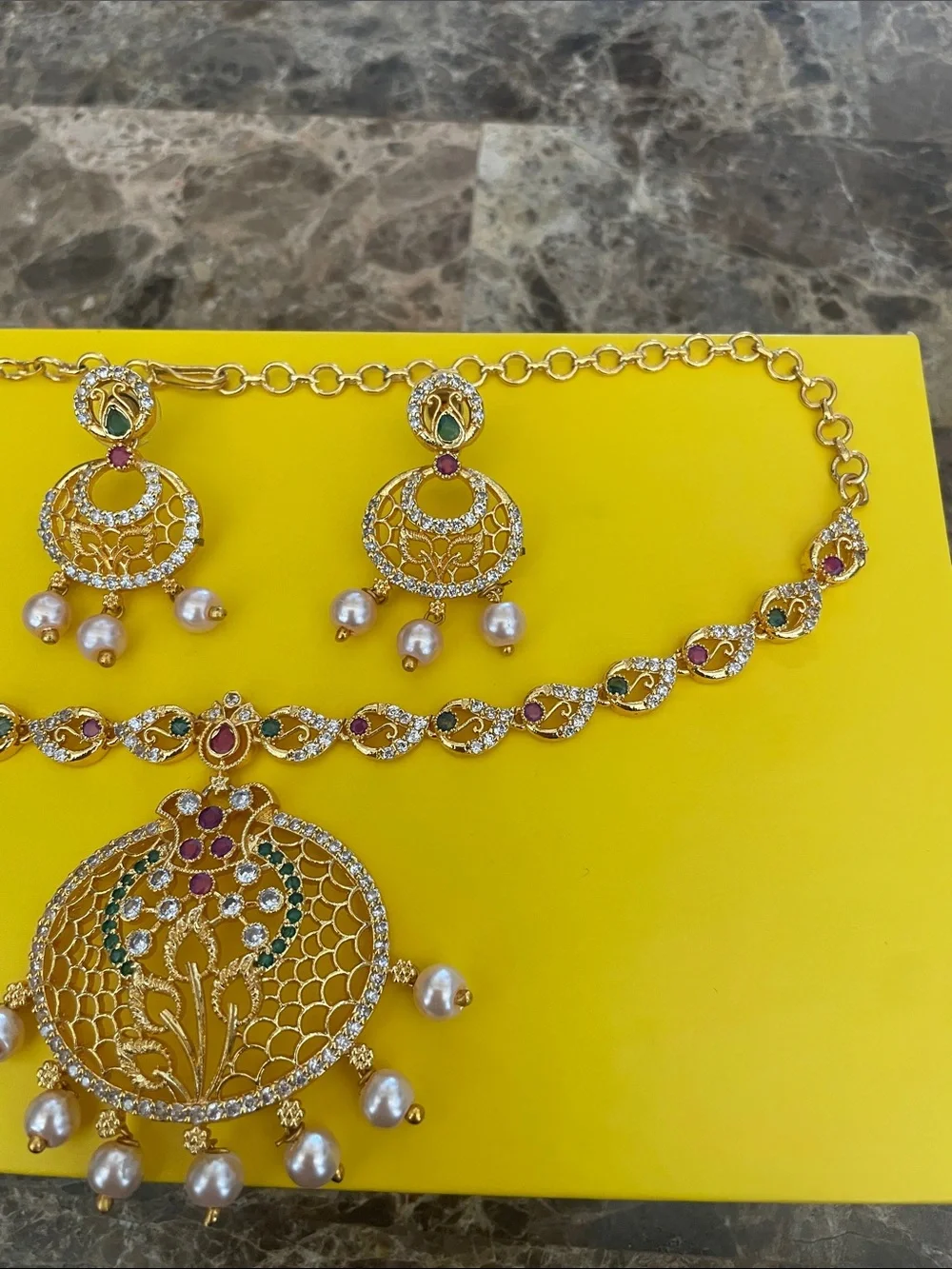 Gold-Tone Pearl & Ruby Accent Necklace and Earring Set